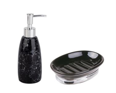Sıvı Sabunluk Ve Sabunluk 2 Li Banyo Seti,Siyah Porselen