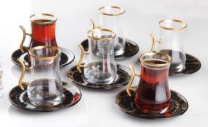 Gürcü Glass 12 Parça Siyah Mermer Desen Kulplu Çay Seti