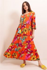Yaka Bağcıklı Volan Kol Çiçek Desenli Oversize Viskon Elbise Oranj