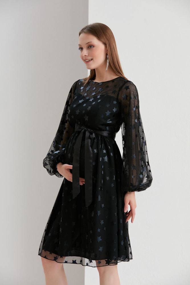 sachin and babi light blue dress Black Maternity Polka Dot Ruched Mesh Maxi Dress