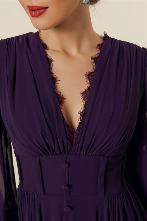 Lined Pleated Long Chiffon Dress Plum with Lace Button Accessory Collar.