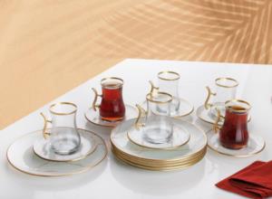 Gürcü Glass 12 Parça Beyaz Mermer Desen Kulplu Çay Seti