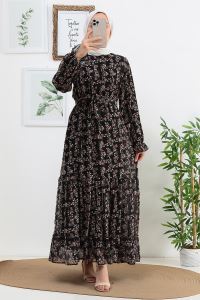 MYCİTY Beli Kolu Lastikli Kuşaklı Desenli Şifon Elbise_Siyah