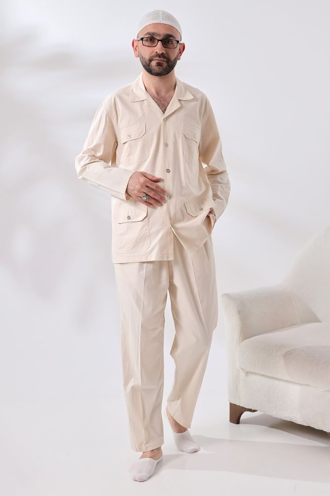Mens Linen Pocket Double Safari Suit Hajj Umrah Clothing