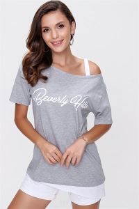 Beverly Hills Baskılı Garnili T-Shirt Gri