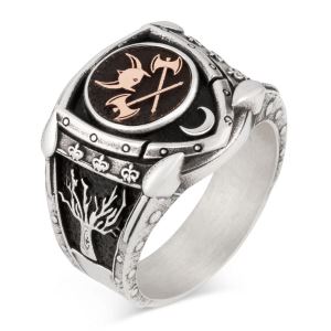Zırh Model Hayat Ağacı Miğfer ve Balta Motifli Gümüş Erkek Viking Yüzüğü