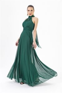 Boyun Bağlamalı Uzun Tül Abiye Elbise Yeşil
