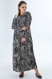 Zebra Desen Zımparalı Süet Büyük Beden Uzun Elbise Siyah