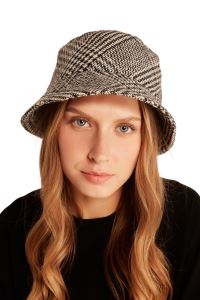 Kadın Siyah-Beyaz Kazayağı Desenli Kaşe Bucket Şapka