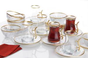 Gürcü Glass  24 Parça Beyaz Mermer Desen Çay ve Çerez Seti