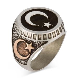 Ay Yıldız ve Osmanlı Armalı Türk Bayrağı Gümüş Erkek Yüzük Siyah