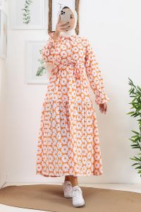 NASS Yaka Düğmeli Çiçek Desenli Elbise_Orange