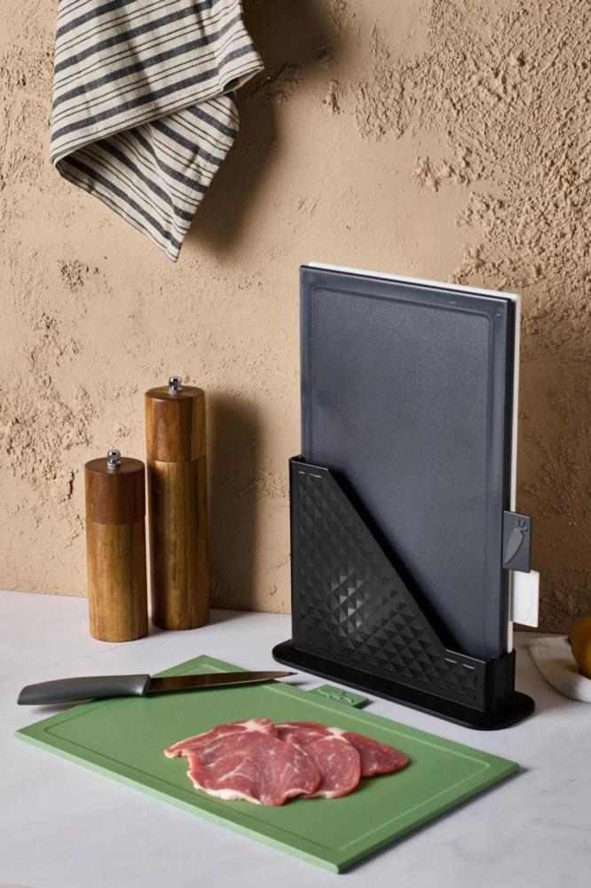 Joseph Joseph Folio Steel 4-delige snijplankenset - koolstof zwart, met standaard, antislipplanken