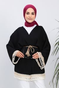 SUDEM Püsküllü Hasır Kemerli Aerobin Kimono_Siyah