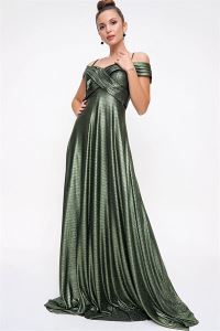 İp Askılı Kayık Yaka Simli Uzun Elbise Yeşil