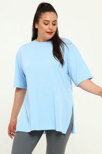 Büyük Beden Yırtmaçlı Basic T-Shirt Buz Mavisi