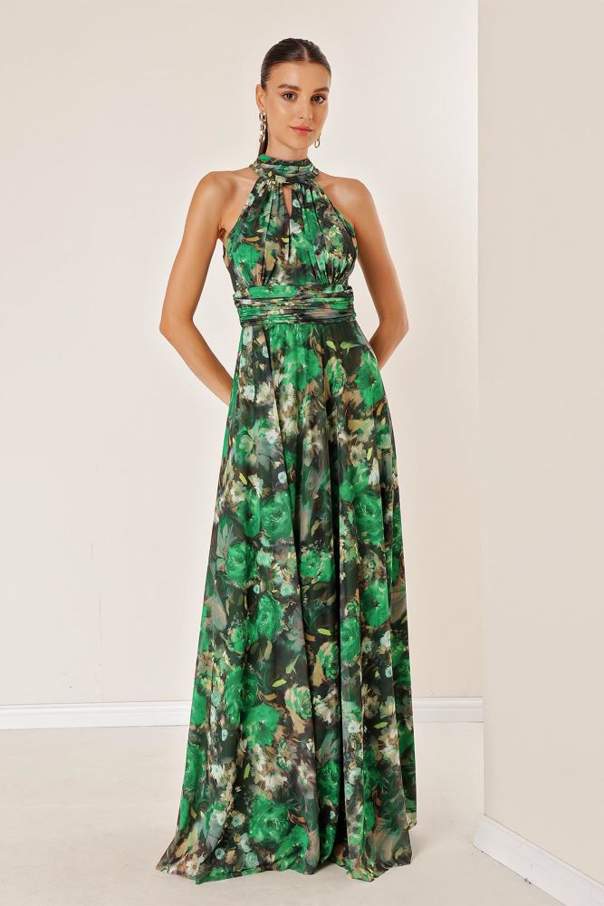 Halter Neck Lined Floral Long Tulle Dress