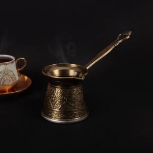 MatmazelHome Osmanlı El Yapımı Kalın Dövme Altın Kabartmalı Kahve Cezve 2 Kişilik