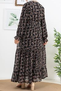 MYCİTY Beli Kolu Lastikli Kuşaklı Desenli Şifon Elbise_Siyah