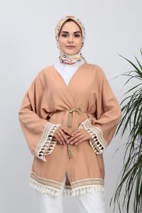 SUDEM Püsküllü Hasır Kemerli Aerobin Kimono_Camel