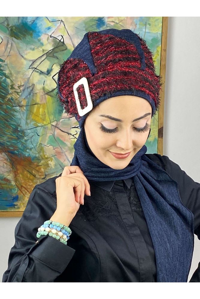 Drop Model Striped Mohair Knitwear Claret Red Hijab