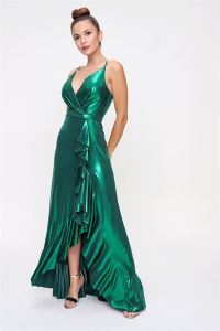 İp Askılı Volanlı Uzun Parlak Elbise Yeşil