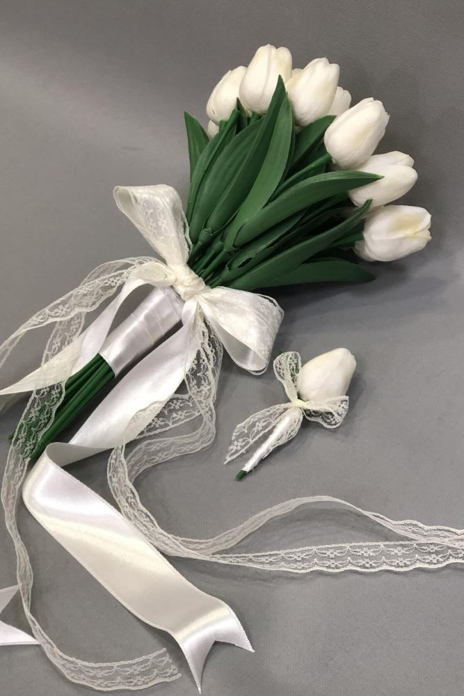 Wet White Tulip Bridal Bouquet and Boutonniere
