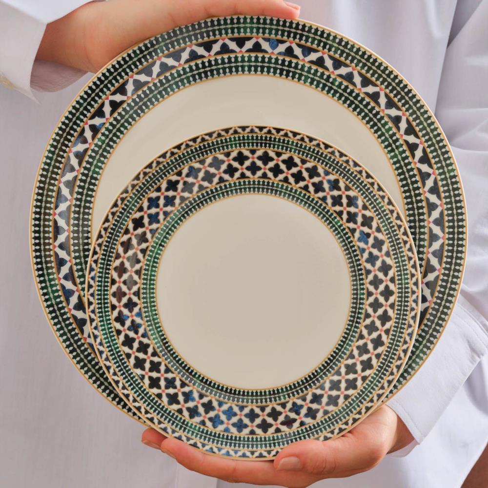 Karaca Daisy Gold Wave Shape Servies Set voor 6 Personen, Porselein, Wit Goud, 24 stuks, Serveerborden, Cake Platen, Kommen, Diepe Borden, Dagelijks en Speciaal Servies Set