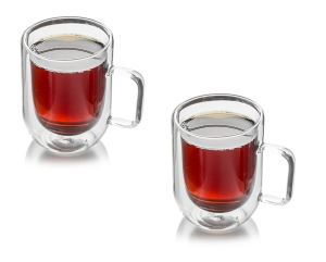 Perotti çift cidarlı cam çay kahve fincanı - 2 li kulplu kupa fincan 300 ml.12468