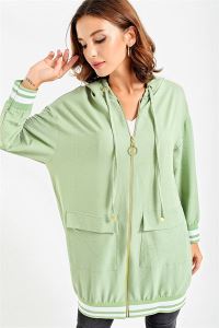 Kolu Eteği Şeritli Ribanalı Fermuarlı Ceket Yeşil