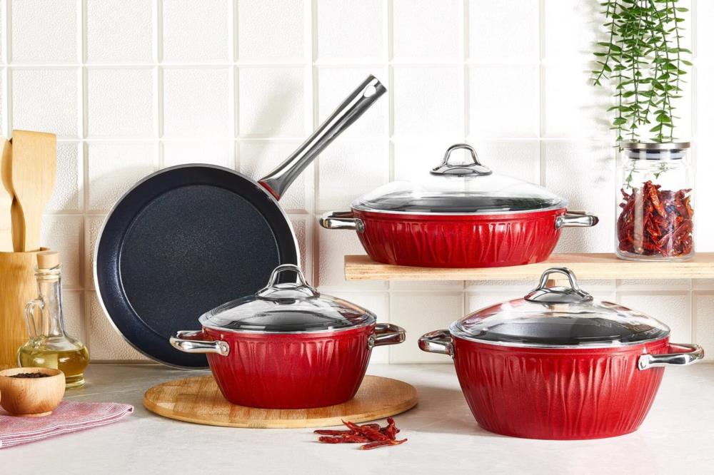 Falez 7 Parça Markiz Granit Kırmızı Tencere Seti MKZ 1002.