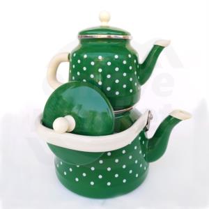 Alev Emaye Vintage Puantiyeli Çaydanlık Yeşil 