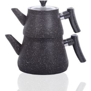 Bakalit Kulplu Cam  Kapaklı 3,5 Litre Siyah Granit Çaydanlık, Çaydanlık Takımı