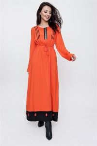 Önü Ve Etek Ucu Oya İşlemeli Uzun Kollu Beli Bağcıklı Astarlı Otantik Elbise Oranj