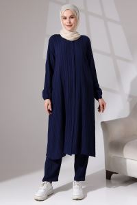Womens Wrapped Fabric Hidden Zipper Double Set Hajj Umrah Outfit Navy Blue