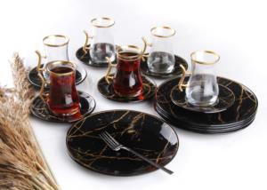 Gürcü Glass 18 Parça Siyah Mermer Desenli Pasta Tabağı ve Kulplu Çay Seti 