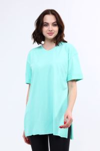 Kadın V Yaka Yırtmaçlı Basic T-Shirt Su Yeşili