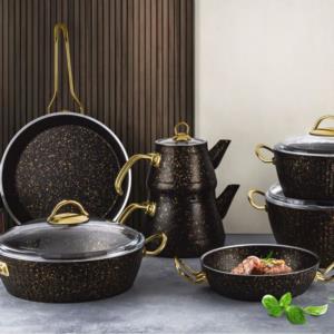 Lines 11 Piece Oscar Granite Patterned Dowery Cookware Set Black