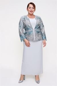 Boncuk Detaylı Güpür Ceket Elbise Büyük Beden İkili Takım Mint