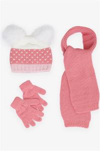 Kitti Girls Scarf and Beret Set with Heart Embroidery Double Pompom and Pomegranate Flower Age 14