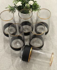 Allegra Su Meşrubat Bardağı, Su Bardağı 6 kişilik Gold Detaylı Siyah Şeritli  470 cc