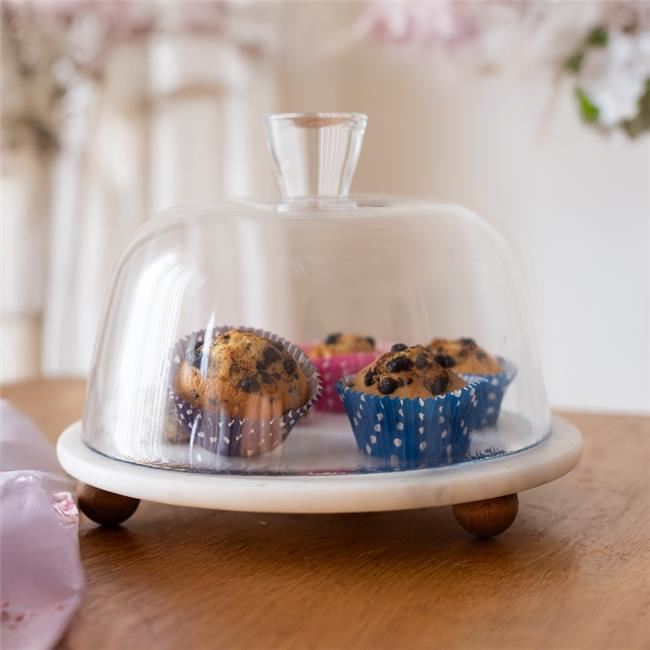 Akayev Marble White 25 cm Wooden Beaded Footed Glass Bell Jar