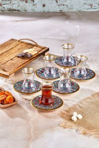 Özel Tasarım 12 Parça Çini Desenli Çay Bardağı Seti