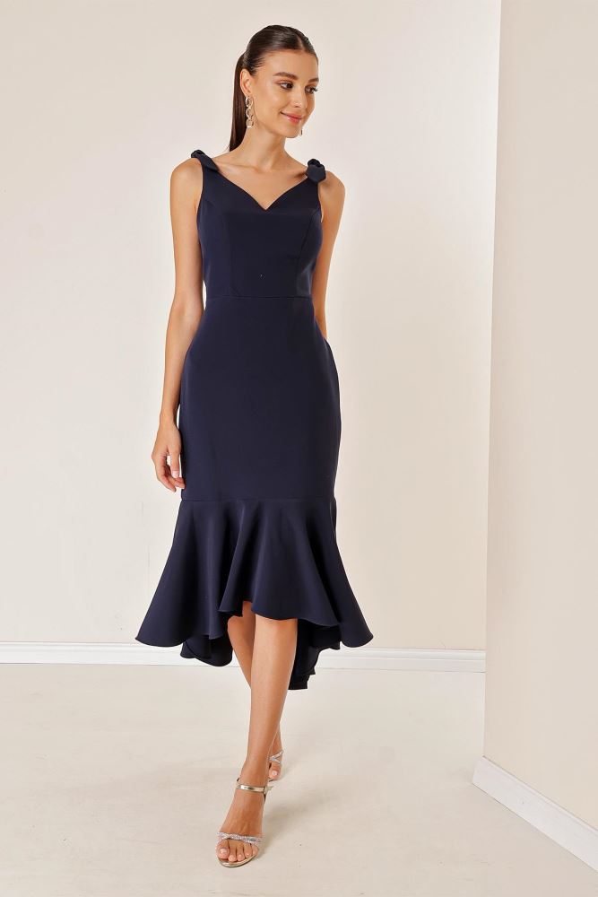 Thin Strap Lined Short on the Front Long on the Back Flounce Dress Navy Blue .