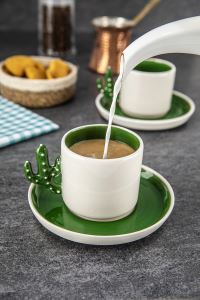 DORELİNE Kaktüs El Yapımı 180 Ml Mocha, Americano, Filtre Kahve Fincan Seti 2 li Yeşil
