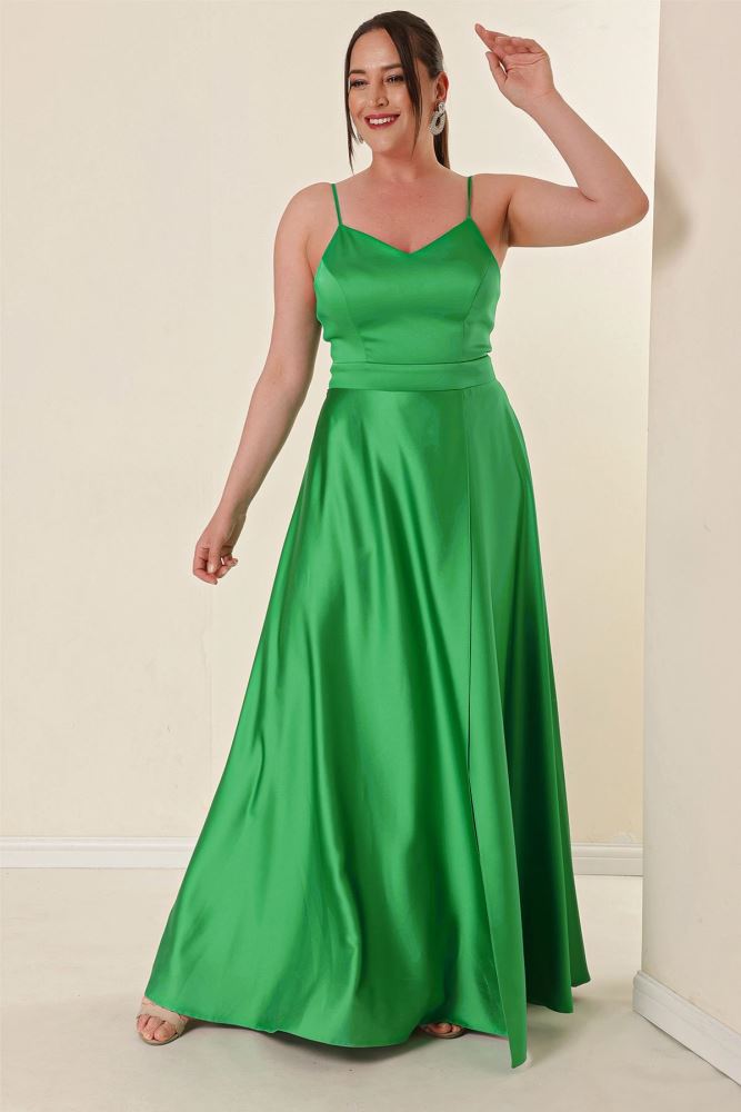 Rope Strap Lined Front Slit Plus Size Long Satin Dress Green.