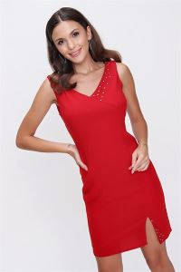 Yaka Ve Etek Ucu Taş Detaylı Yırtmaçlı Astarlı Krep Elbise Kırmızı