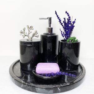 Modest Concept Mermer Banyo Seti 5 Li Gümüş Mercan Siyah Mermer