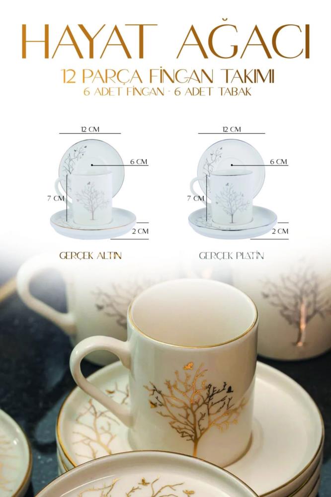 Kitchen Life Tree of Life 12 Piece Gold Gilded 80 ml Porcelain Coffee Cup  Set for 6 People.