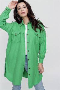 Düz Kaşe Çift Cepli Salaş Tunik Gömlek Yeşil